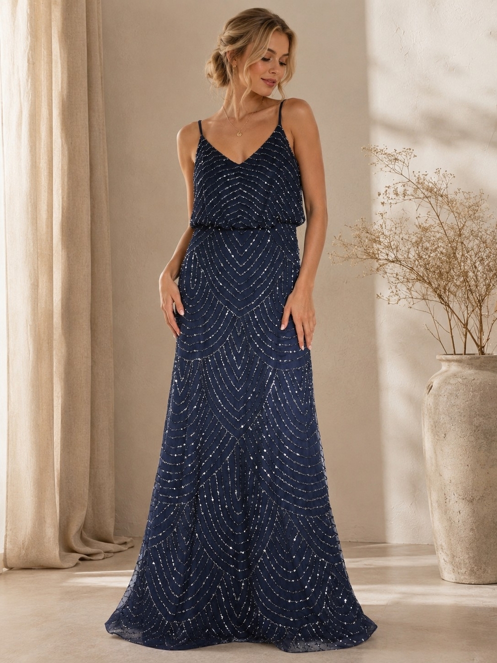 Adrianna Papell Navy Art Deco Beaded Spaghetti Strap Blouson Maxi Gown Dress